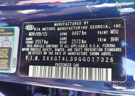 2016 Kia Optima Lx from USA, damaged, VIN 5XXGT4L39GG017326